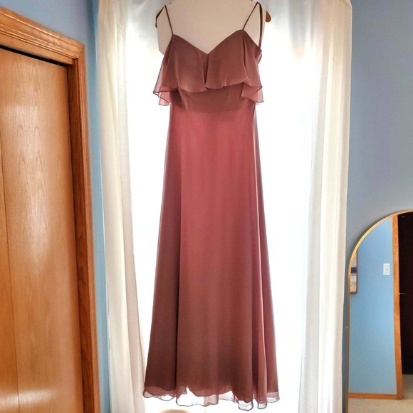 Mori Lee Chiffon Fawn Grad or Bridesmaids Dress Off the Shoulder Size 8 - Picture 7 of 12